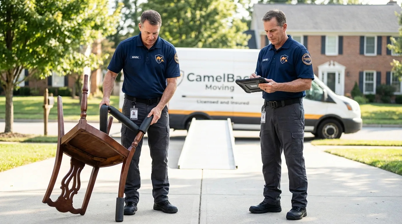 Movers inspecting furniture for damage prevention before loading in Fultondale, AL